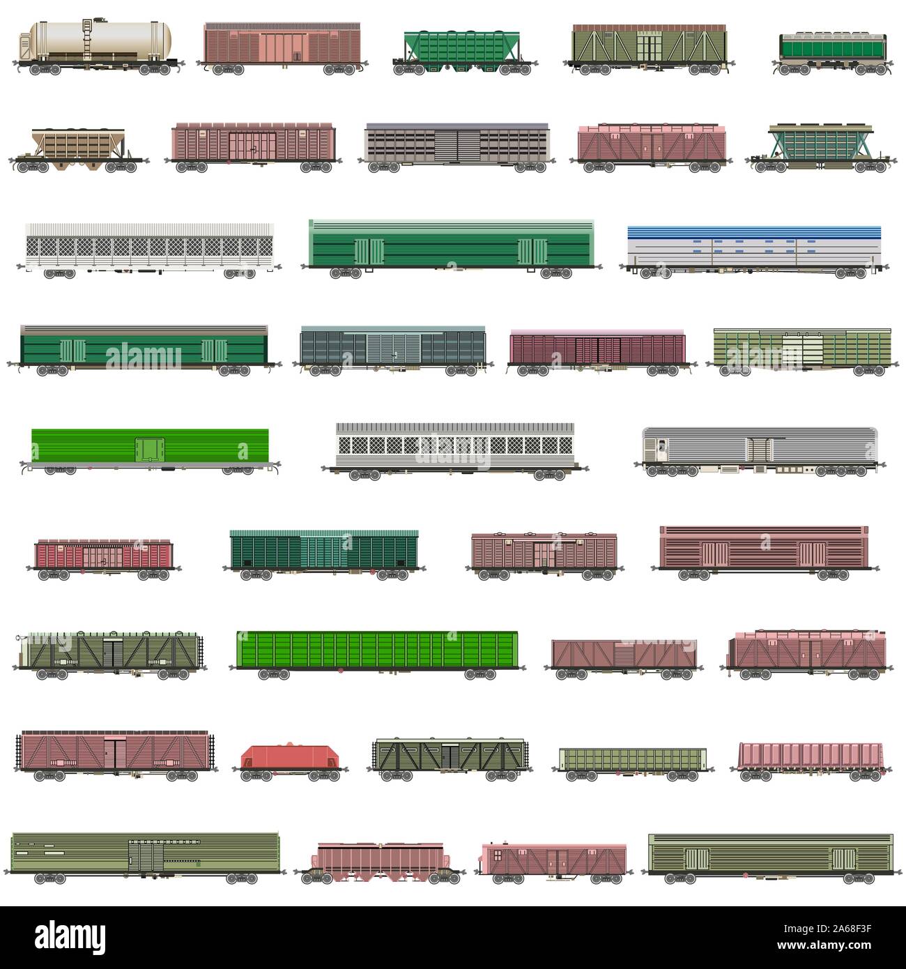 Set di vettore isolate di convogli ferroviari, railcars, carri, furgoni Illustrazione Vettoriale