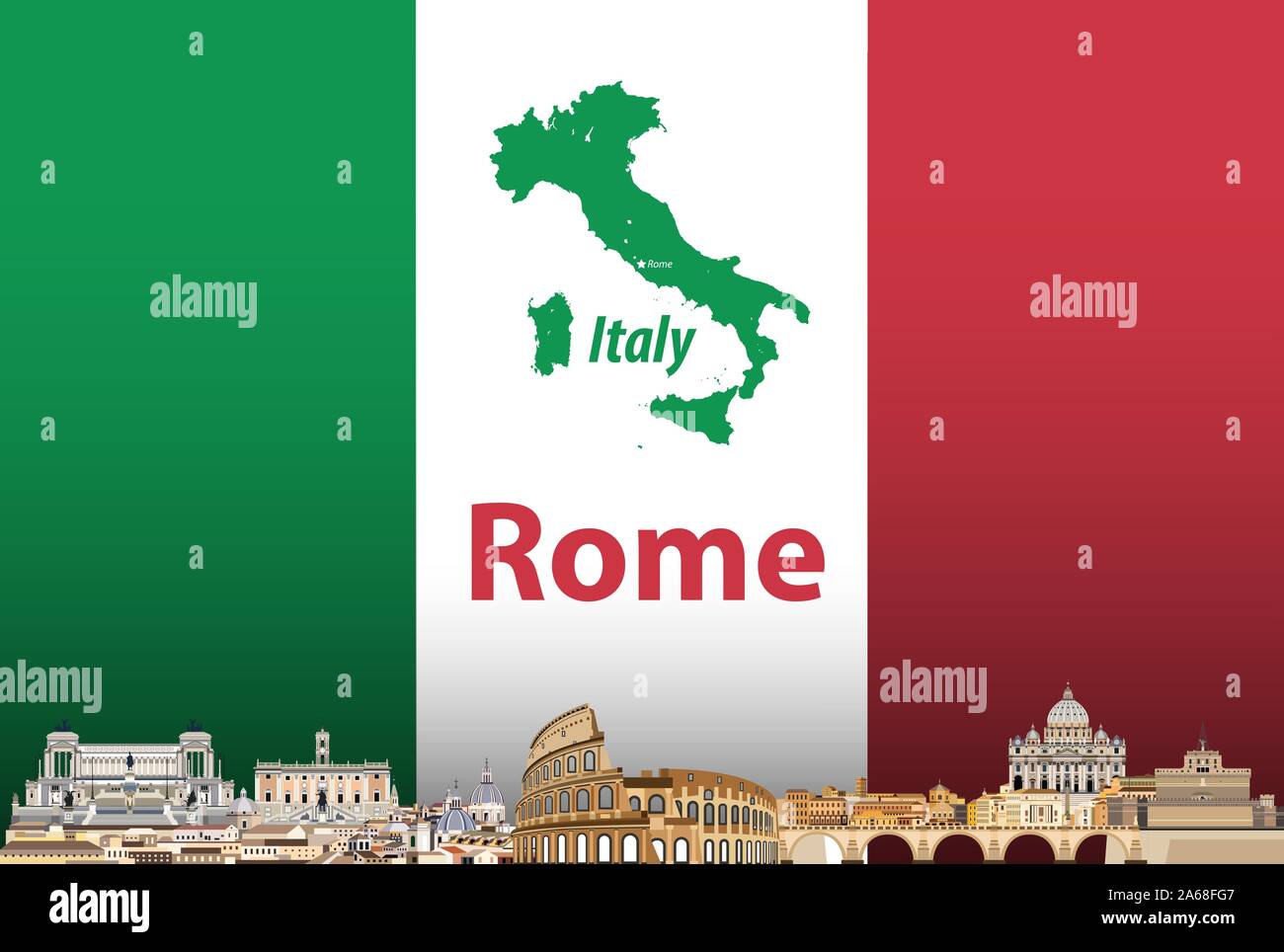 Vettore poster di viaggio con Roma città skyline silhouette e bandiera italiana e la mappa sullo sfondo Illustrazione Vettoriale