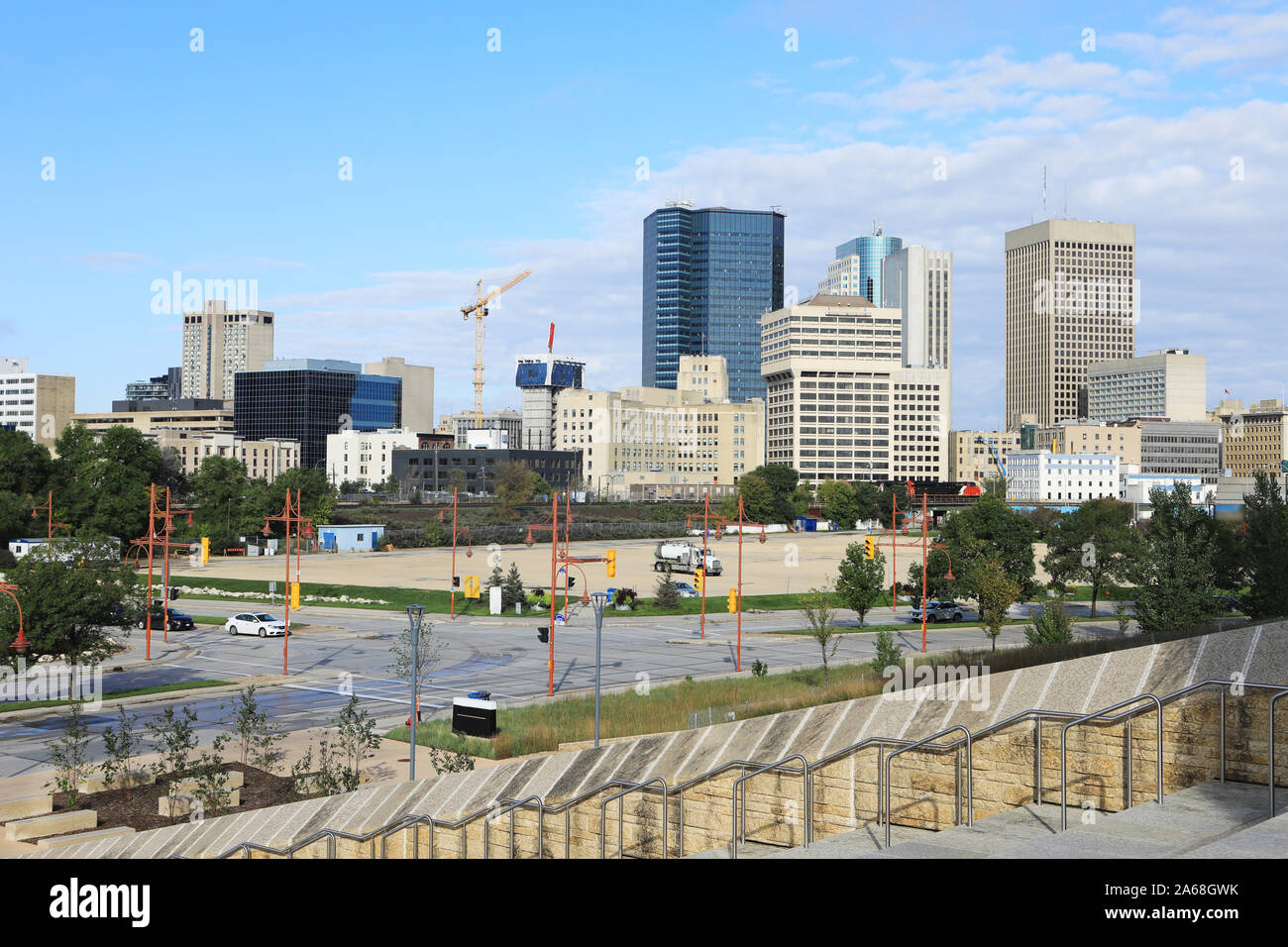Una vista dello skyline di Winnipeg, Manitoba Foto Stock