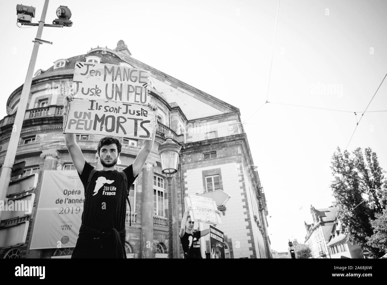 Strasburgo, Francia - Sep 21, 2019: giovane con targhetta protestando per il più grande del mondo clima marzo cambiamento avviato dal clima svedese Greta attivista Thunberg Foto Stock