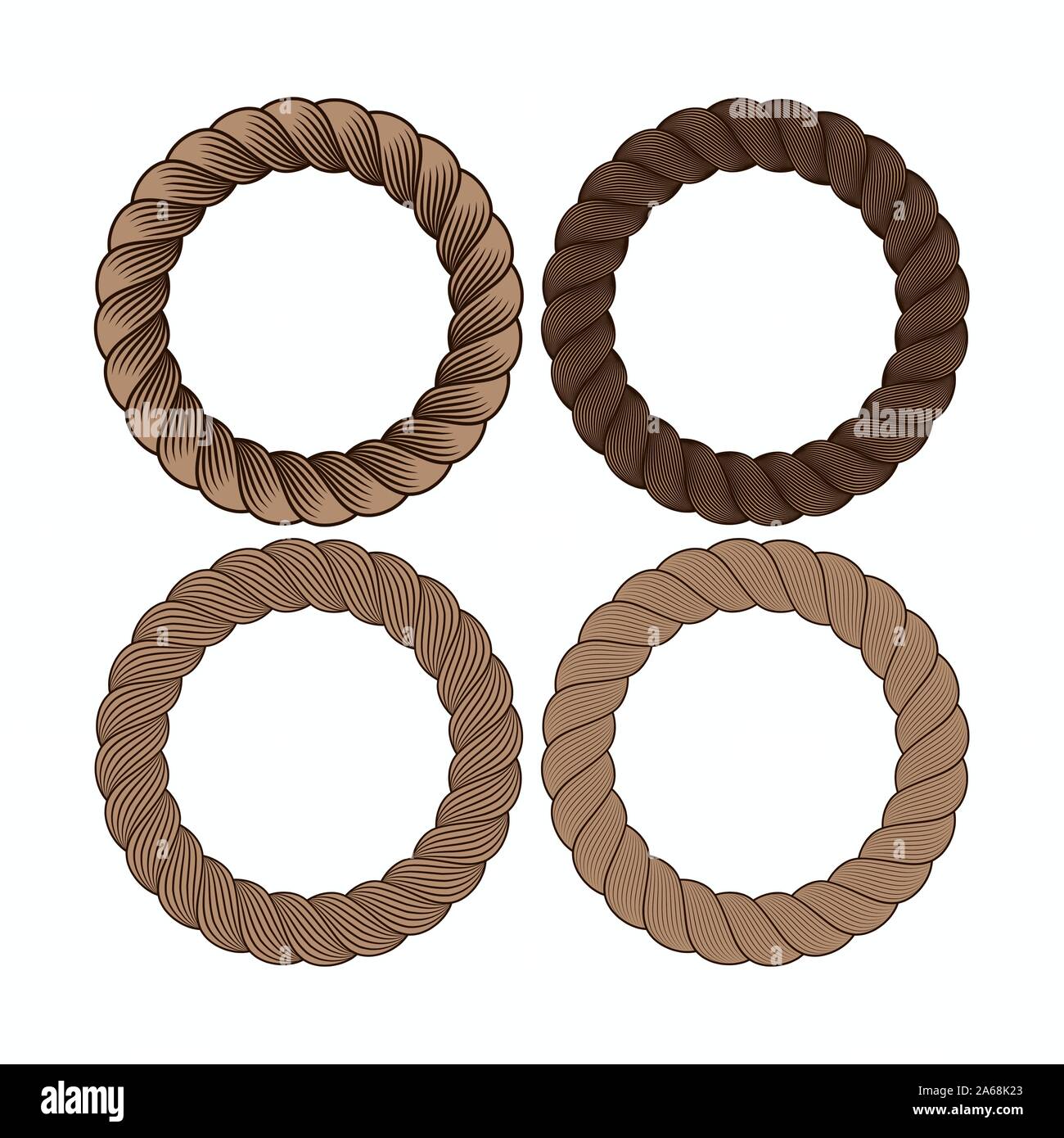 Set di vettore di tondo nero monocromatico telaio fune. Raccolta di spessore sottile e cerchi isolato su uno sfondo bianco costituito da corda intrecciata. Per Illustrazione Vettoriale
