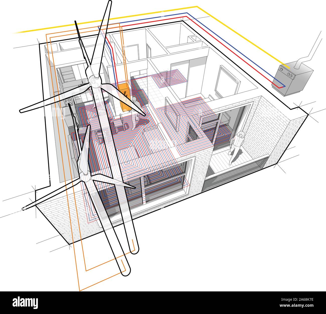 Schema di appartamenti con riscaldamento a pavimento e il gas la caldaia di acqua e collegato alle turbine eoliche Illustrazione Vettoriale