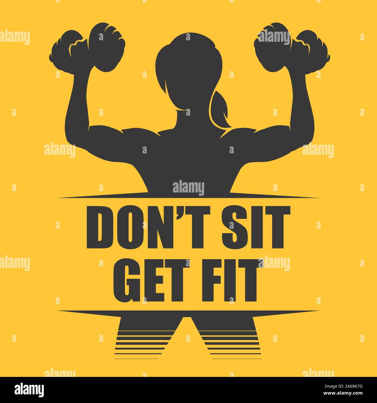 Fitness Club Emblema con formazione donna atletica con dumbbel e motivazione slogan non sedersi lasciare montare. Illustrazione Vettoriale. Illustrazione Vettoriale