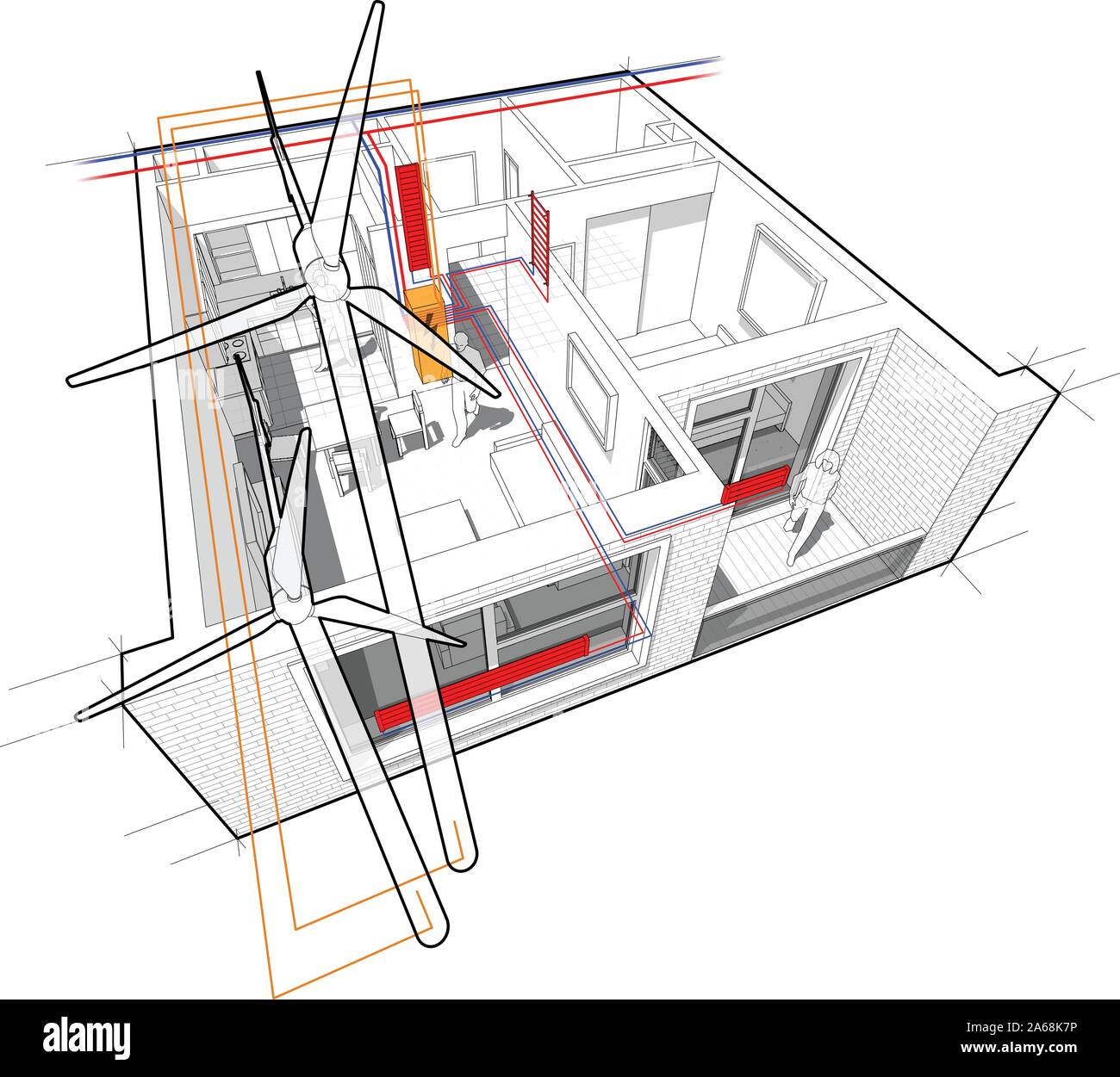 Vista spaccata in diagramma di un appartamento con una camera da letto completamente arredati con il radiatore di riscaldamento e con turbine eoliche come sorgente di energia elettrica Illustrazione Vettoriale