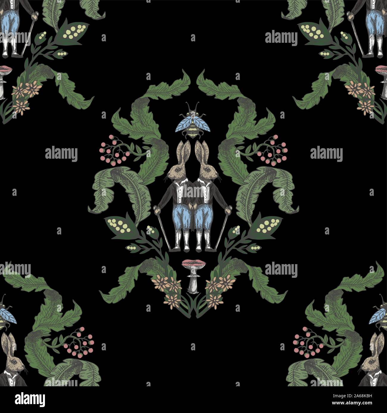 Grafica da favola seamless pattern con gli animali del bosco e fiori. Illustrazione Vettoriale