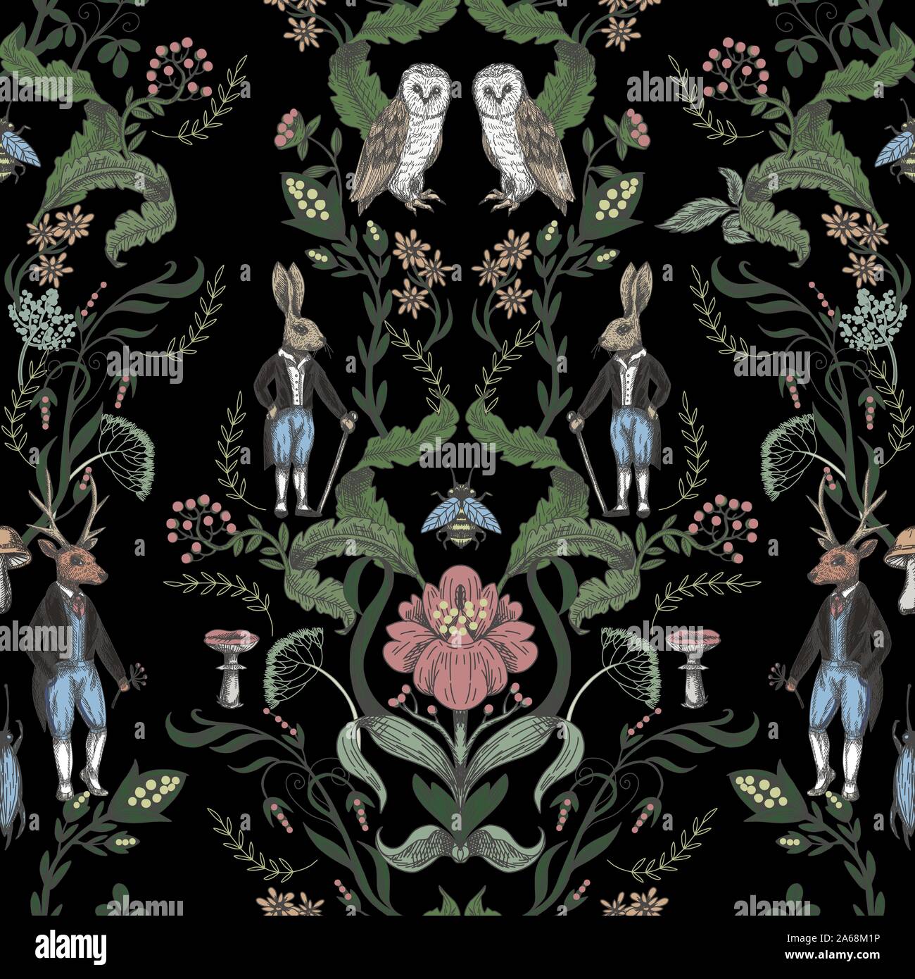 Grafica da favola seamless pattern con gli animali del bosco e fiori. Illustrazione Vettoriale