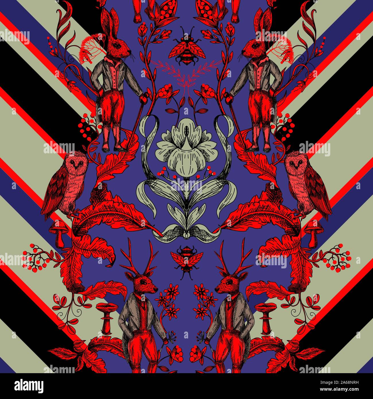 Grafica da favola seamless pattern con gli animali del bosco e fiori. Illustrazione Vettoriale