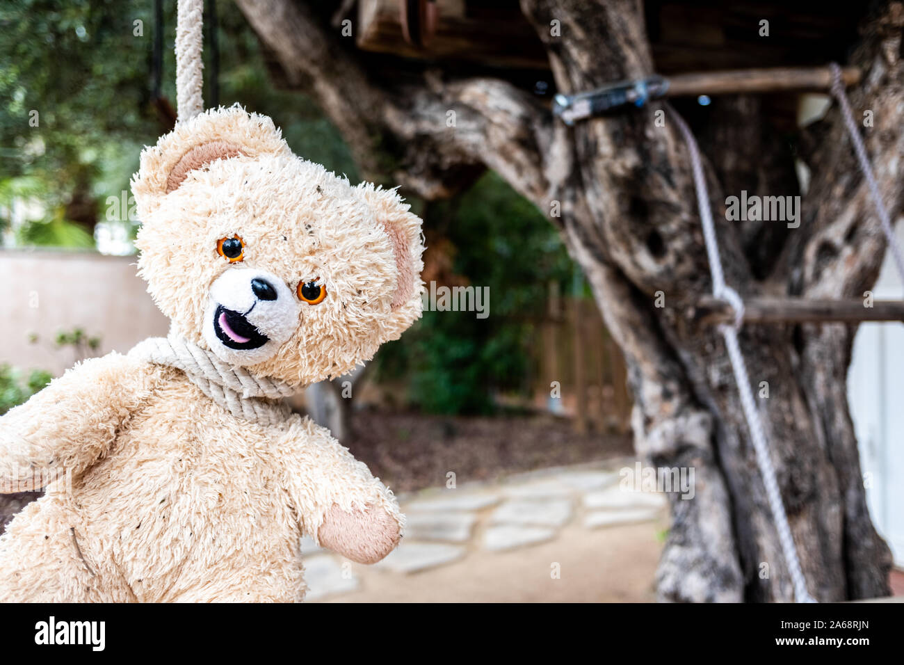 Strano e inquietante immagine, un orsacchiotto di peluche impiccato con una corda al collo. Foto Stock