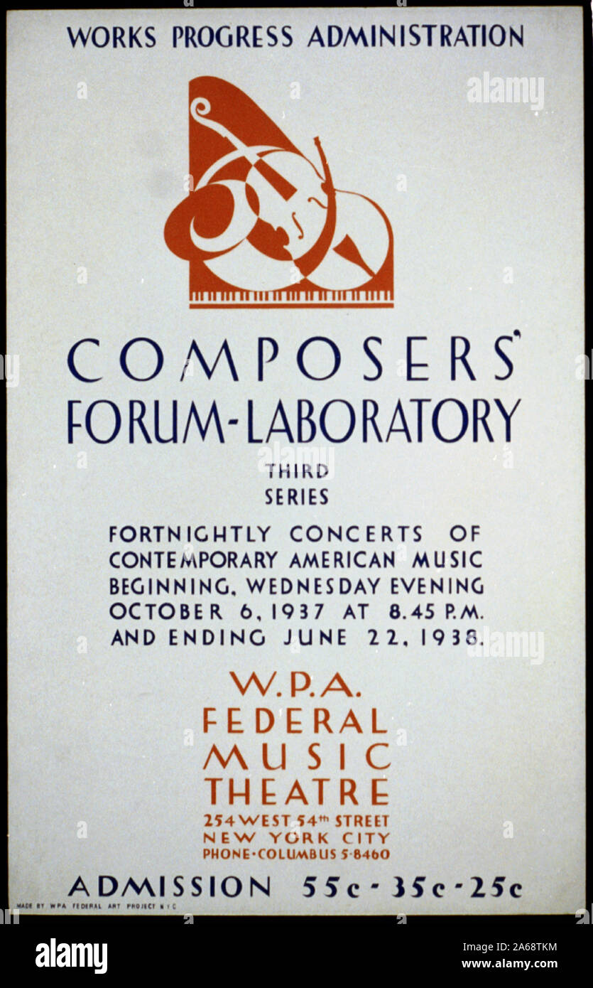 Il progresso di opere di compositori di amministrazione' Forum-Laboratory, terza serie Abstract: Poster annunciando una serie di concerti di americane contemporanee di musica presso il WPA Federal Music Theatre, 254 West 54th Street, New York City. Foto Stock
