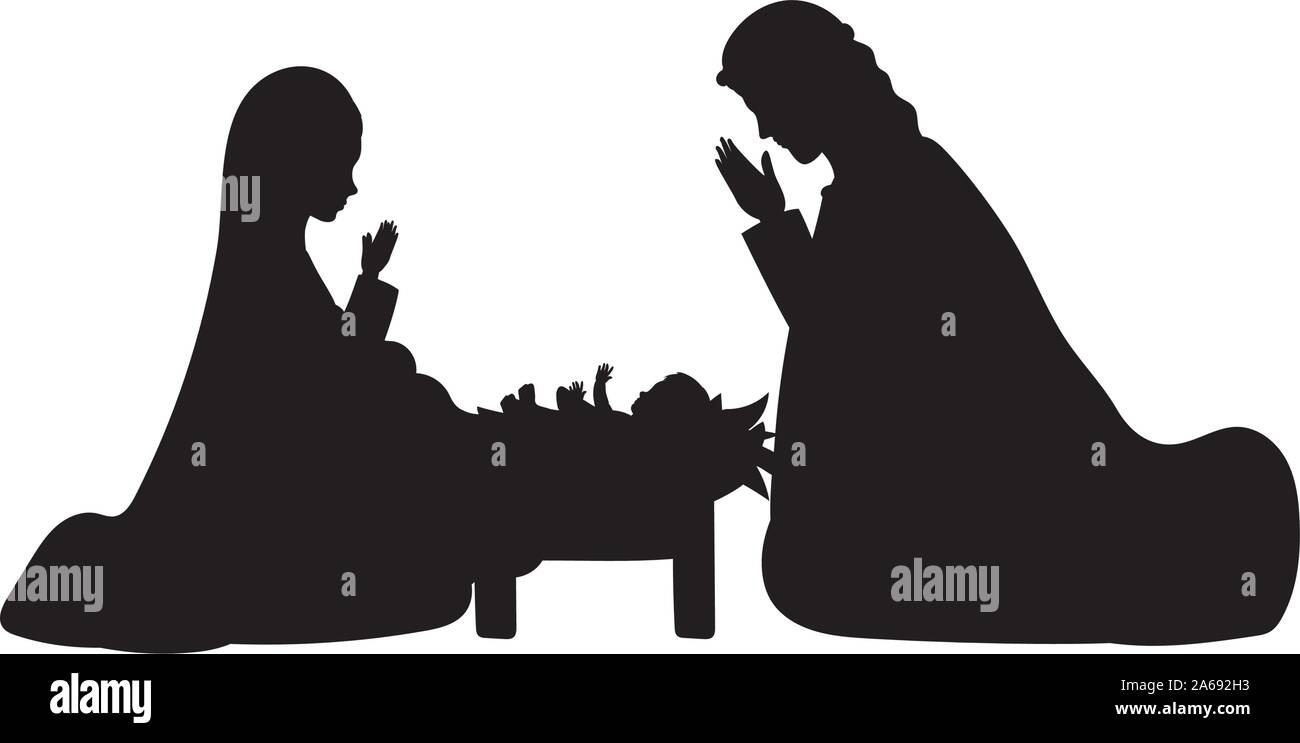 Carino Sacra Famiglia Presepe silhouette caratteri Illustrazione Vettoriale