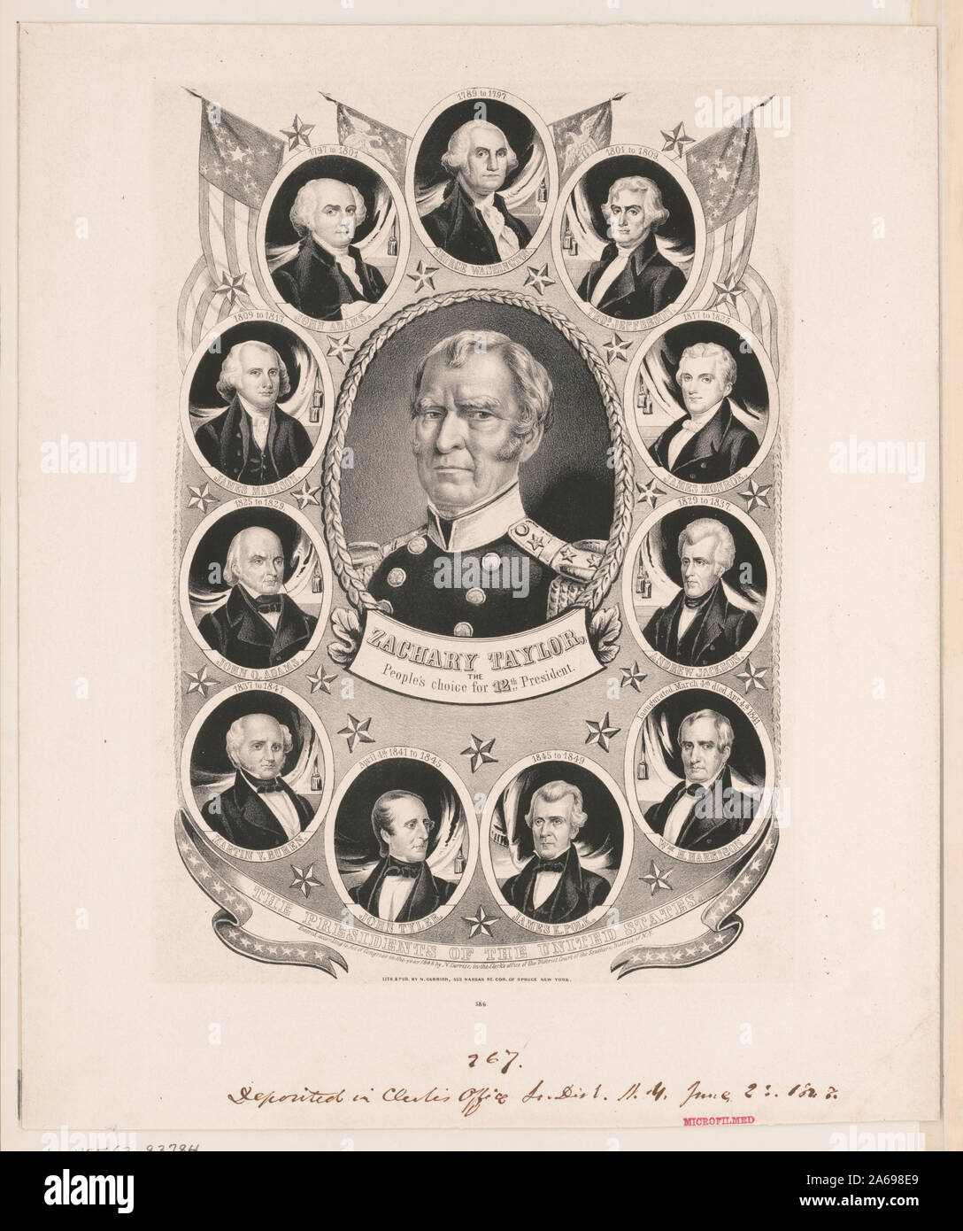 Zachary Taylor, al popolo la scelta per il dodicesimo presidente Abstract: stampa mostra un Whig banner della campagna per il 1848 elezioni presidenziali. Nel centro di un panno di facsimile banner è un ovale busto ritratto del candidato Zachary Taylor in uniforme militare. Che circonda l'ovale, su un campo decorato con le stelle, ovale lunghezza busto ritratti degli undici ex Presidenti americani (in senso antiorario dall'alto): George Washington Thomas Jefferson, James Monroe, Andrew Jackson, William Henry Harrison, James K. Polk, John Tyler, Martin Van Buren, John Quincy Adams, James Madison e John Adams. In cima Foto Stock