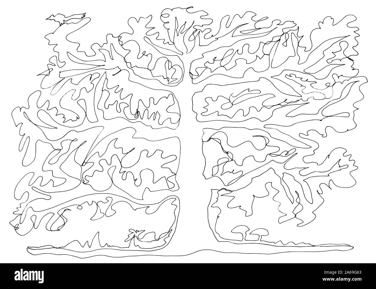 Linea unica arte disegno la struttura ad albero del mondo. Struttura astratta con squatting bird, lo scoiattolo e funghi. Illustrazioni decorative pronto a colori. Illustrazione Vettoriale