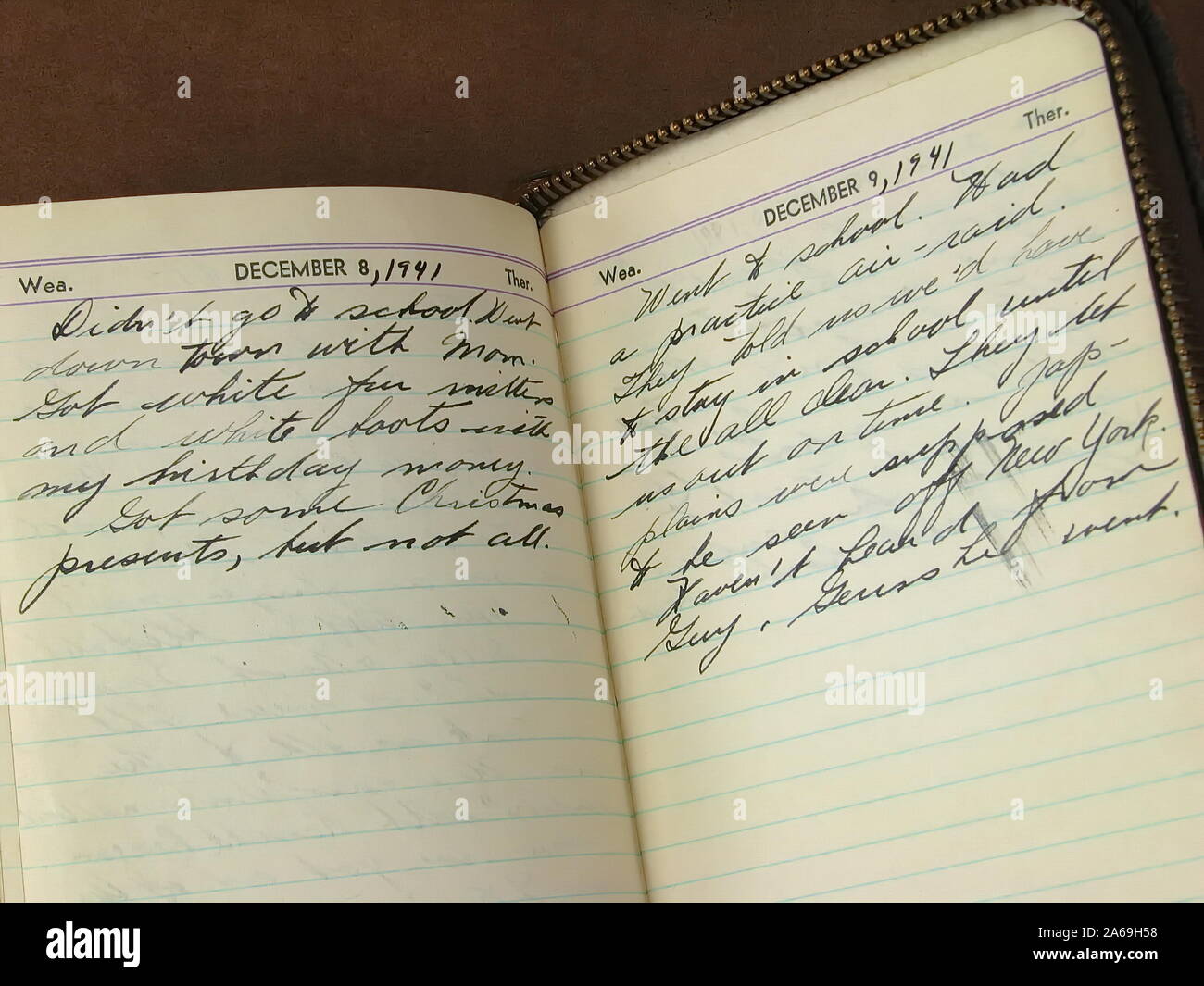 Vintage diario peresonal con note sull'attacco di Pearl Harbor America propellente nella II Guerra Mondiale. Foto Stock