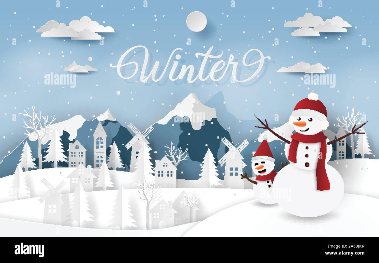Carta arte, artigianato stile di pupazzo di neve nel villaggio di campagna  a valle della neve nella stagione invernale, Buon Natale e Felice Anno  Nuovo Immagine e Vettoriale - Alamy