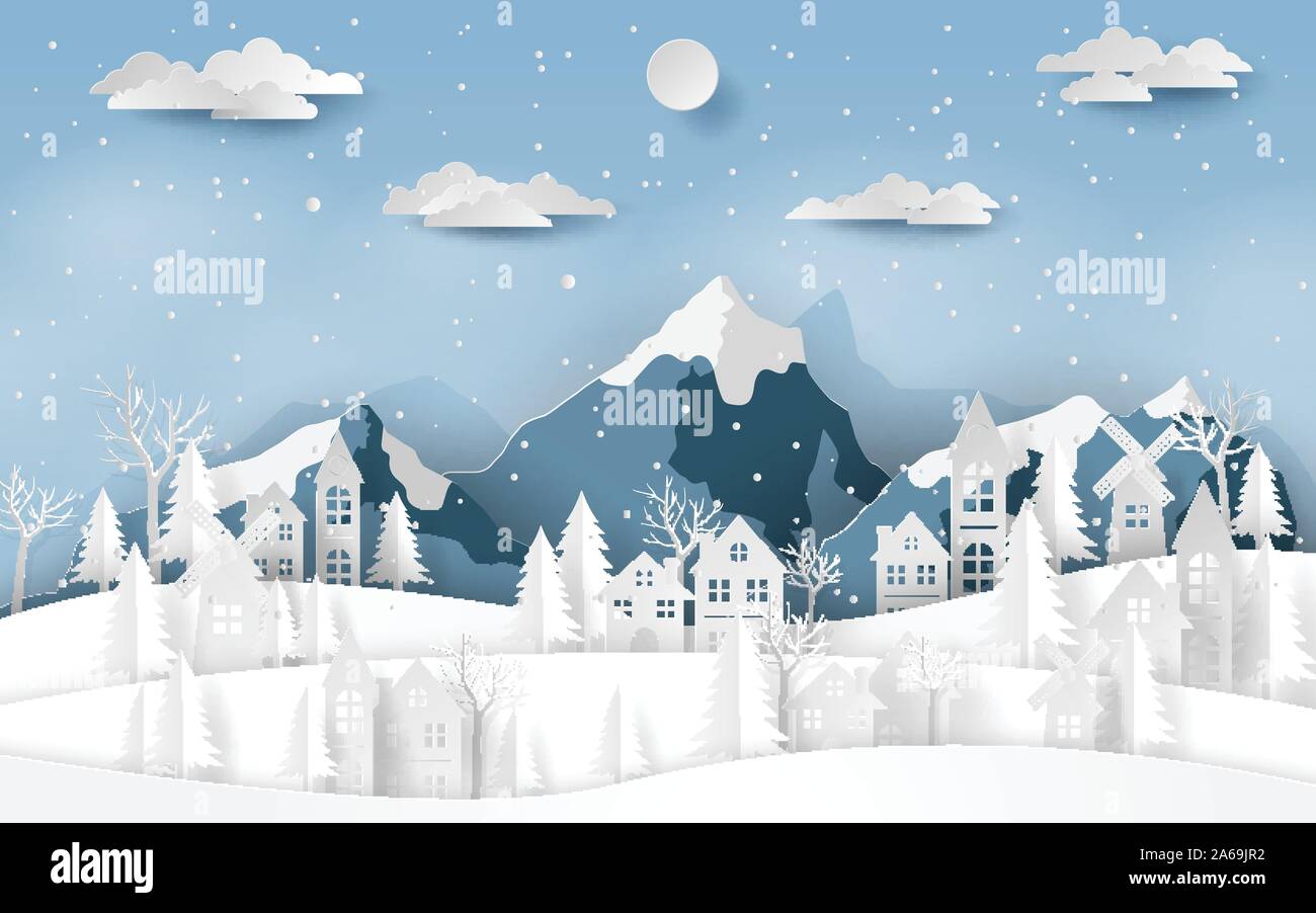 Carta arte, artigianato stile di paesaggio villaggio di campagna a valle della neve nella stagione invernale, Buon Natale e Felice Anno Nuovo Illustrazione Vettoriale