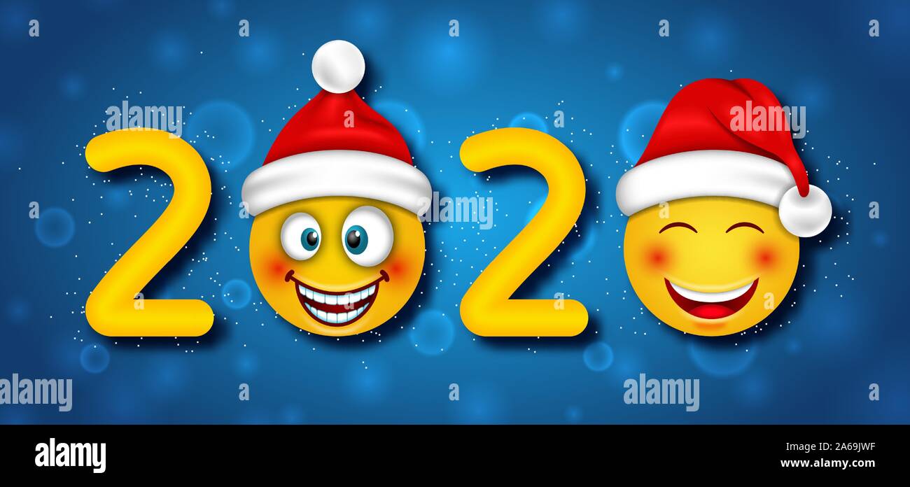 Felice Anno Nuovo 2020 divertente con le emoticon in Santa Claus cappelli - Illustrazione Vettore Illustrazione Vettoriale