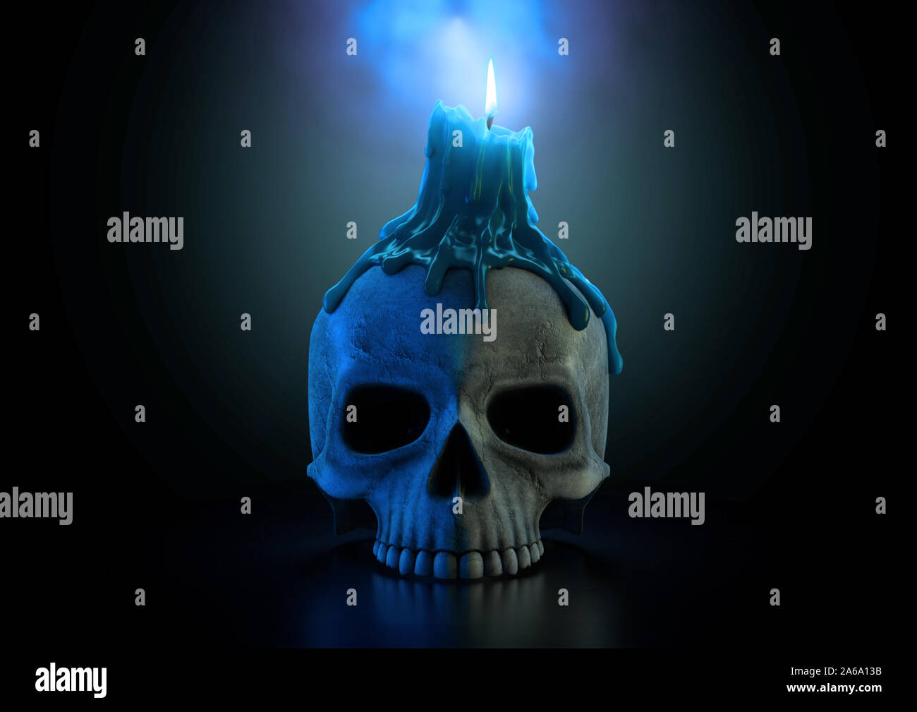 Un macabro concetto mostra un teschio umano sormontato da una candela di fusione con una fiamma blu su un isolato dark di sfondo per studio - 3D render Foto Stock