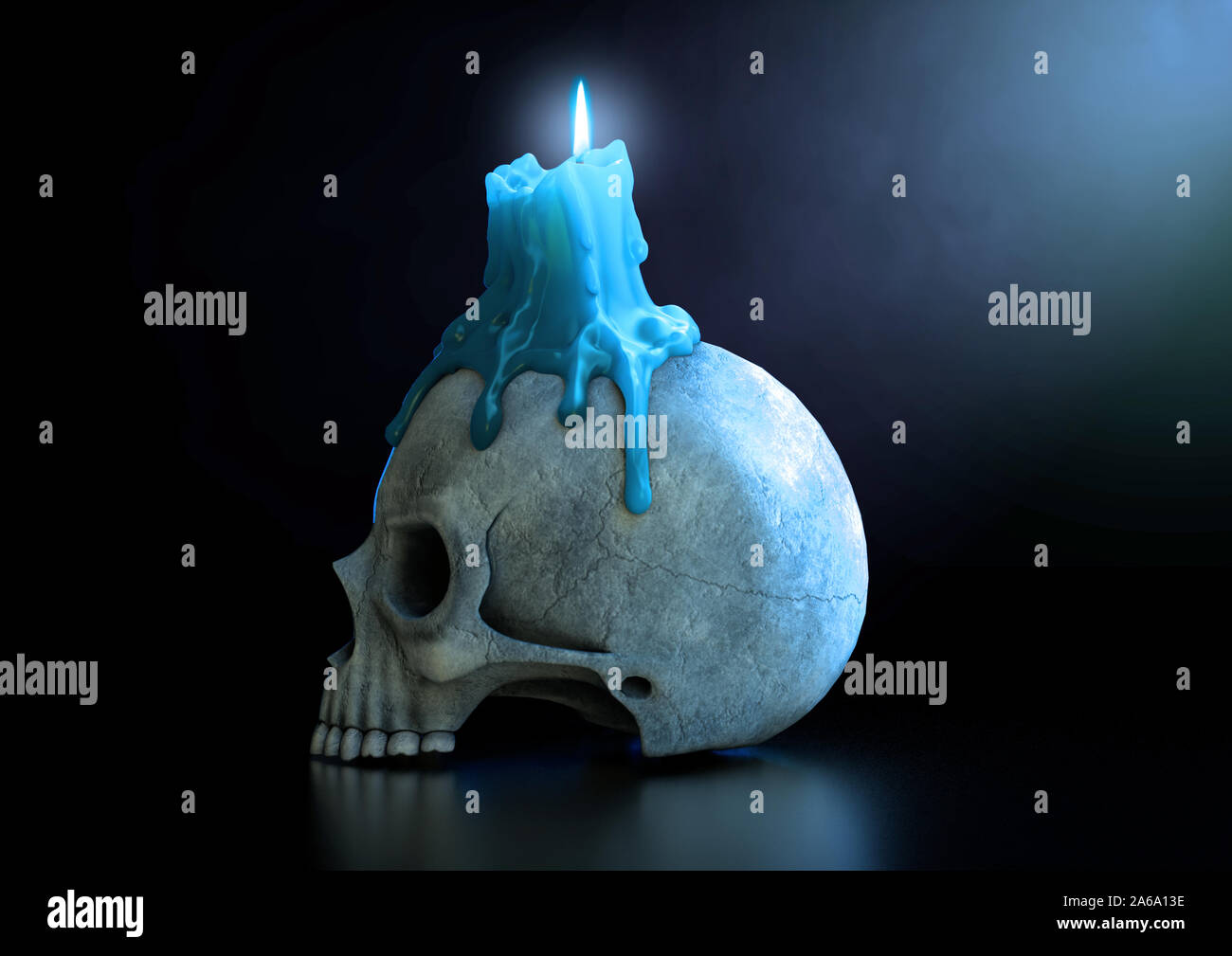 Un macabro concetto mostra un teschio umano sormontato da una candela di fusione con una fiamma blu su un isolato dark di sfondo per studio - 3D render Foto Stock