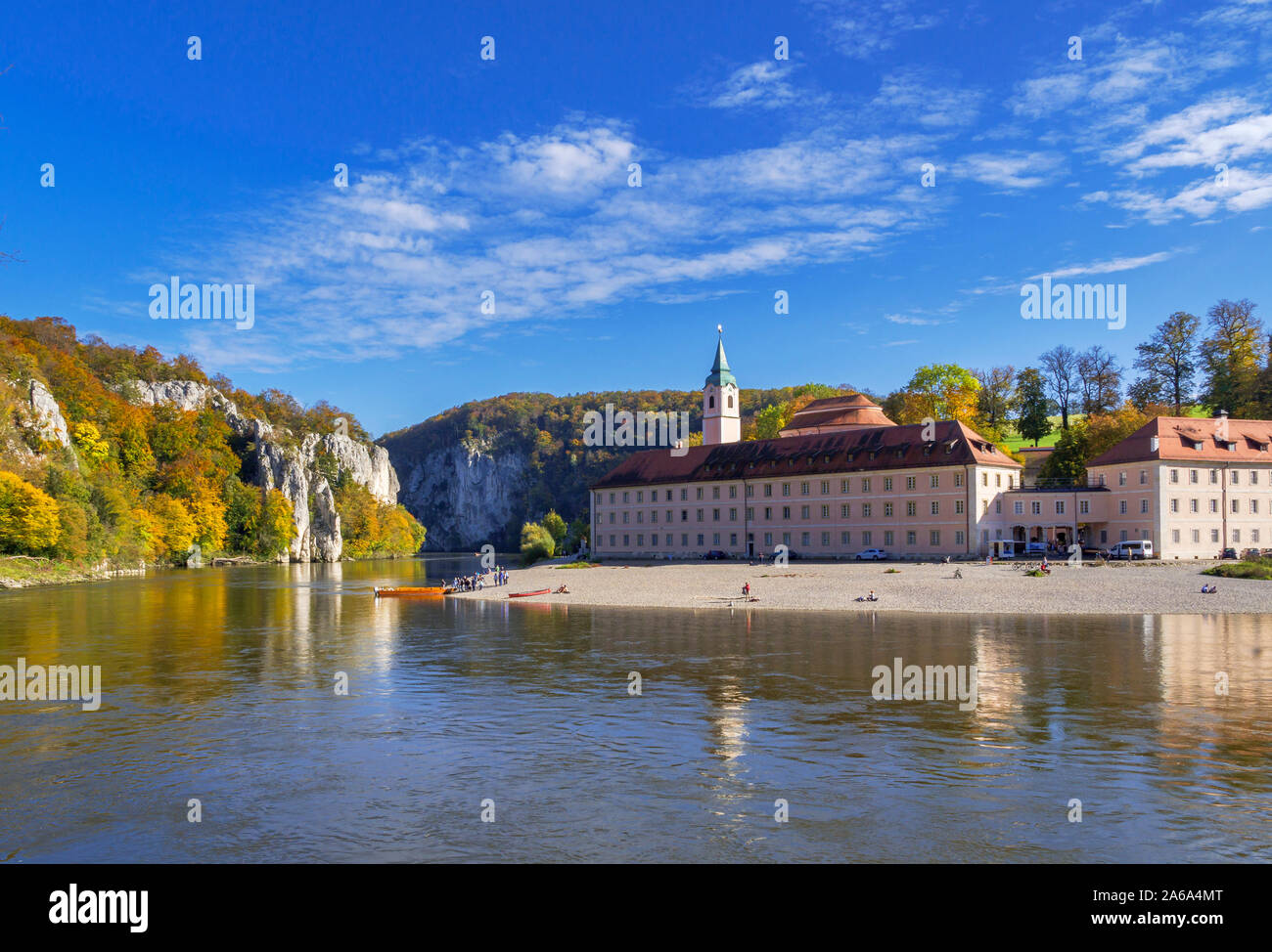 Monastero di Weltenburg sul Donau-Durchbruch, Fiume Danubio, Bassa Baviera, Baviera, Germania, Europa Foto Stock