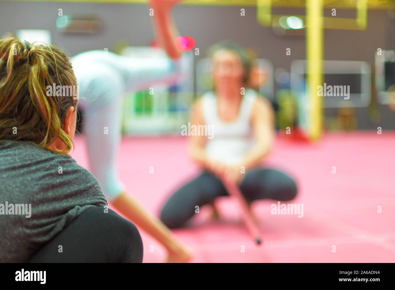 Sullo sfondo di un gruppo di persone facendo anatomia esercizi di movimento in una palestra Foto Stock