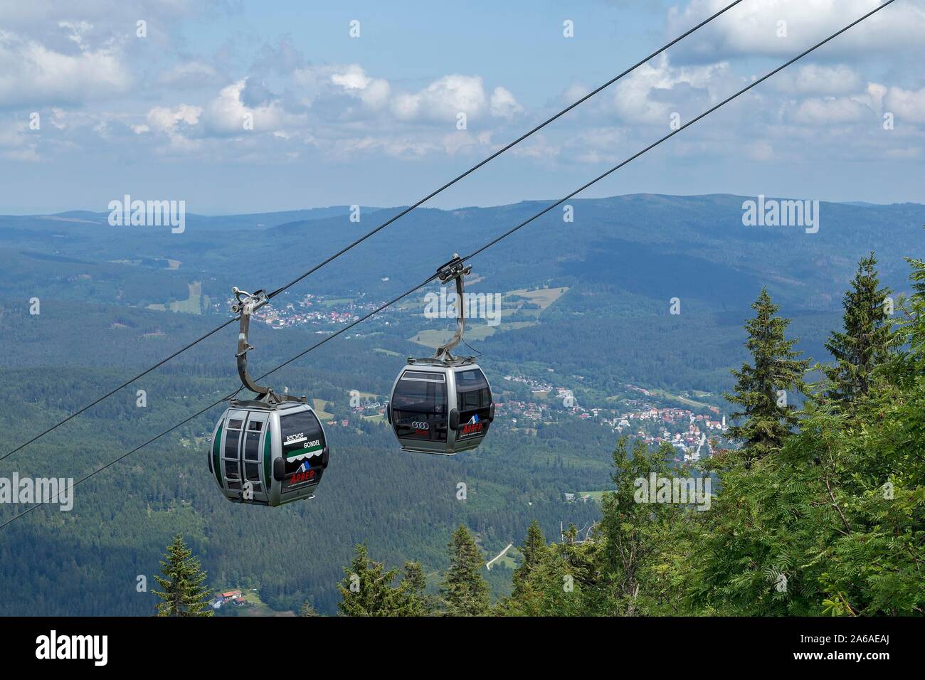 La funivia, Großer Arber, bavarese Eisenstein, Foresta Bavarese, in Baviera, Germania, Europa Foto Stock