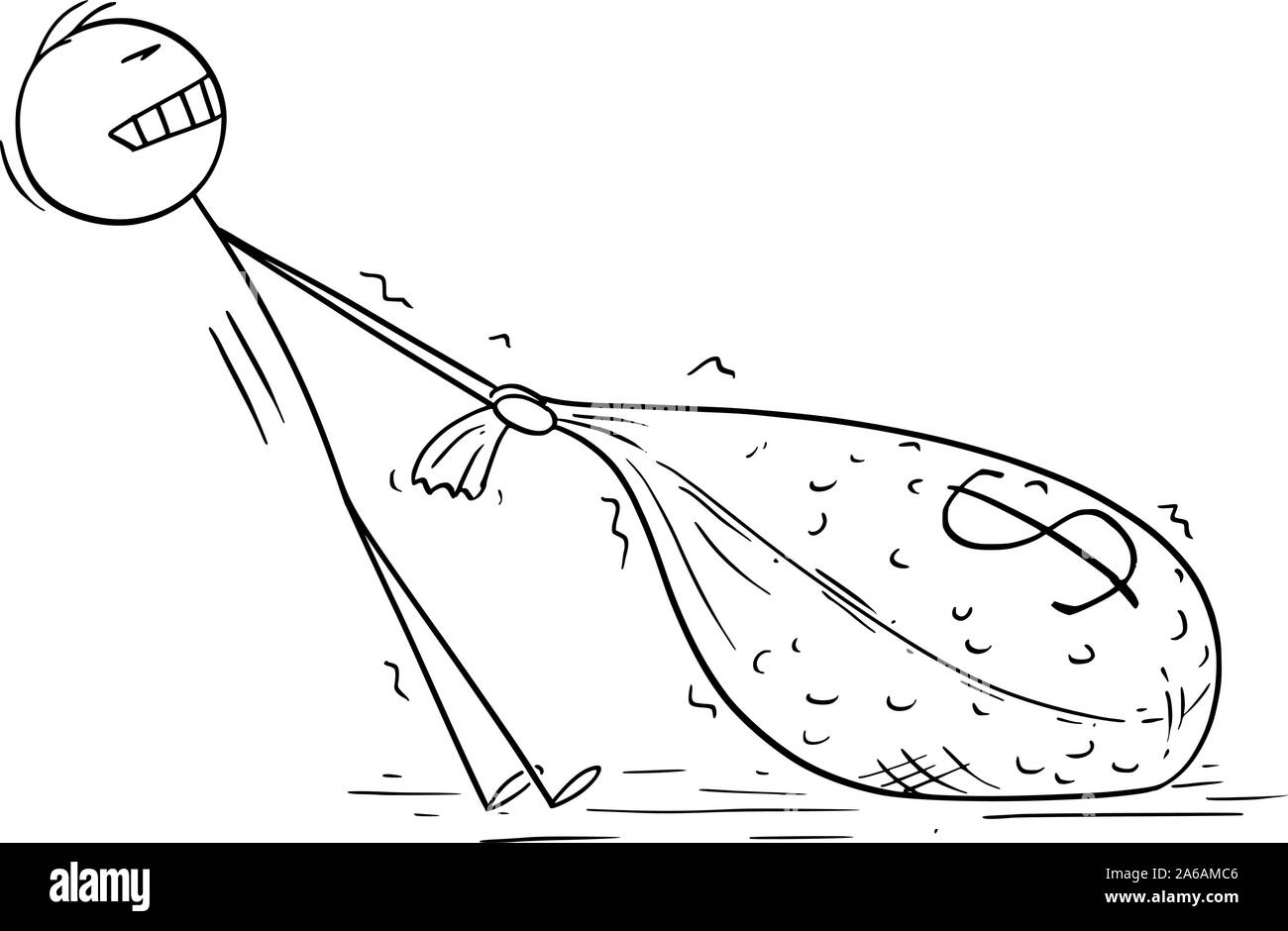 Vector cartoon stick figura disegno illustrazione concettuale dell'uomo o imprenditore tirando grandi e pesanti in borsa di denaro con il simbolo del dollaro su it.Concetto di successo finanziario. Illustrazione Vettoriale