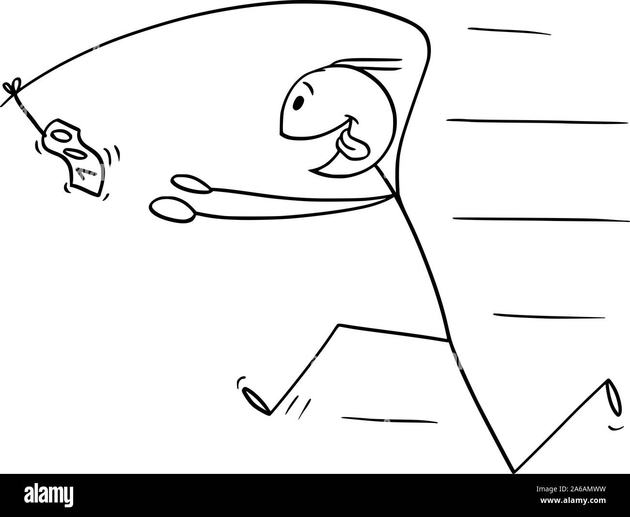 Vector cartoon stick figura disegno illustrazione concettuale di imprenditore a caccia di denaro sulla canna da pesca attaccato al suo retro. Illustrazione Vettoriale