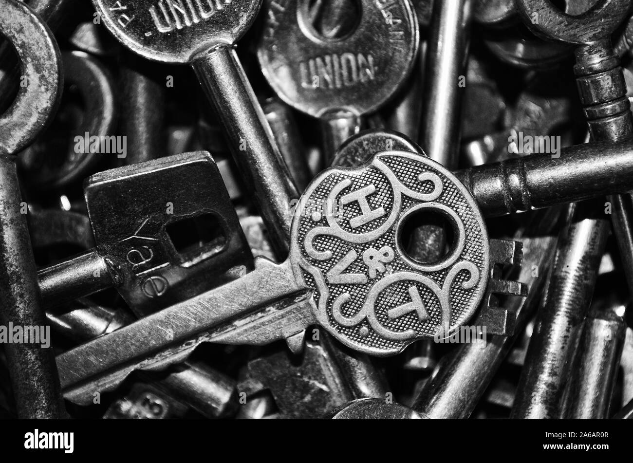 Immagine in bianco e nero dei tasti vintage la creazione di un modello Foto Stock