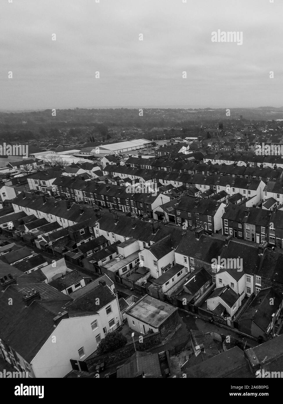 Vista aerea della povertà area colpita di Tunstall e Chell Heath in Stoke on Trent, strade dopo di alloggiamento a schiera in declino urbano, area povera Foto Stock