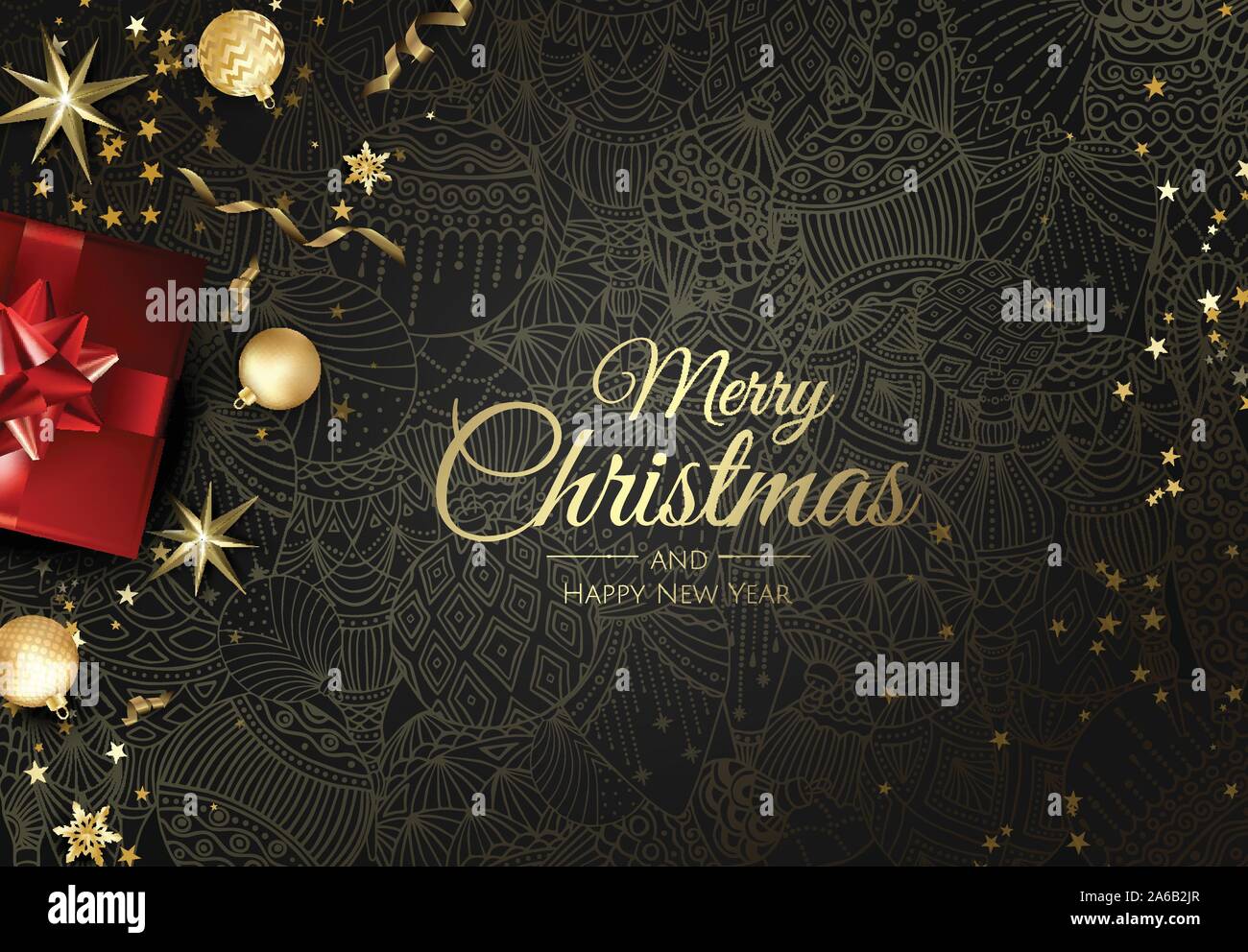 Buon Natale e Felice Anno Nuovo. Xmas sfondo con scatola regalo, fiocchi di neve e le sfere di design. Illustrazione Vettoriale