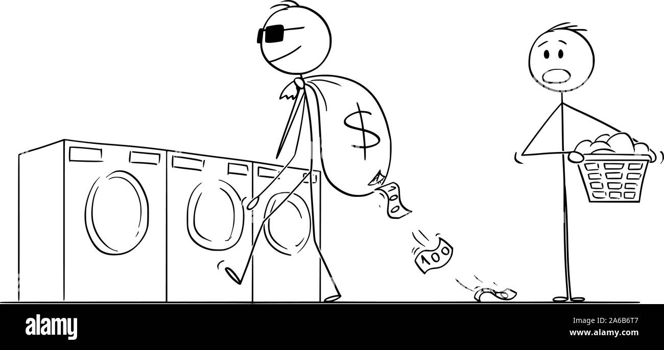 Vector cartoon stick figura disegno illustrazione concettuale dell'uomo o imprenditore criminale o andando a lauder il denaro sporco in lavanderia. Illustrazione Vettoriale