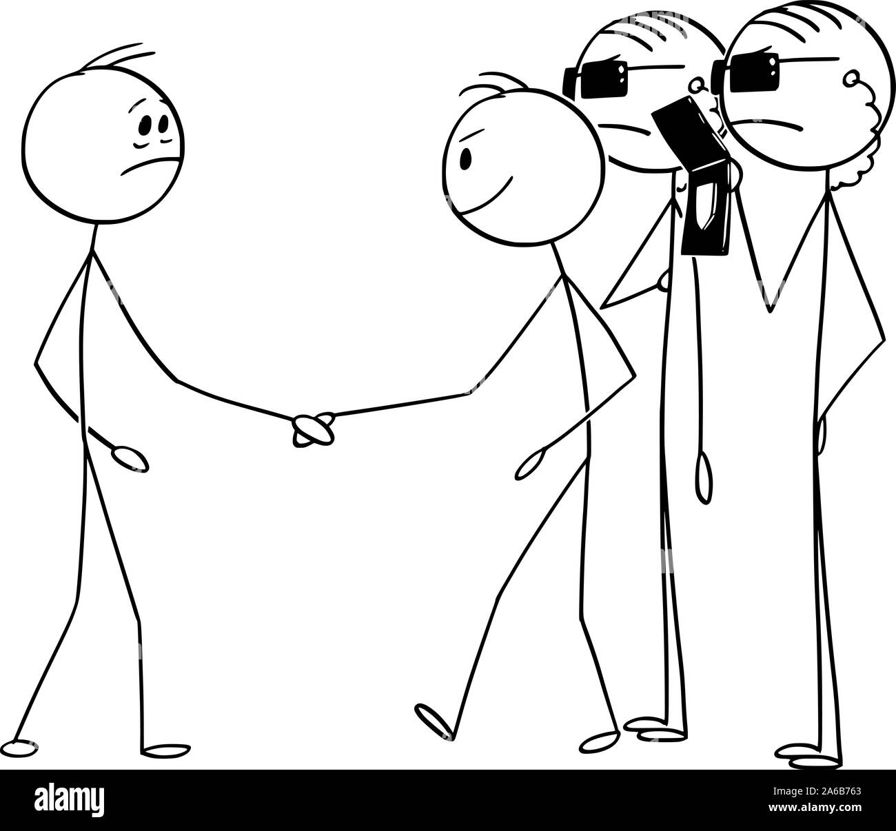 Vector cartoon stick figura disegno illustrazione concettuale dell'uomo stringono le mani con imprenditore con agenti segreti dietro. Il governo di interferire la concezione di business. Illustrazione Vettoriale