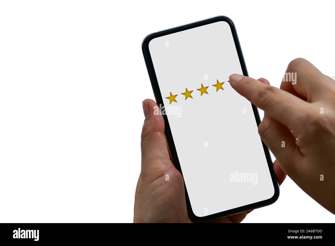 Utente servizio di rating valuta l'applicazione mobile o sul sito web, isolato su sfondo bianco Foto Stock
