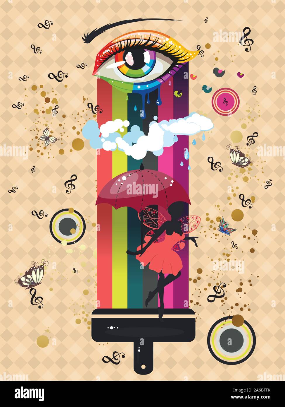 Occhio astratto nei colori dell'arcobaleno e fiabesco silhouette con ombrellone rosso. Illustrazione Vettoriale