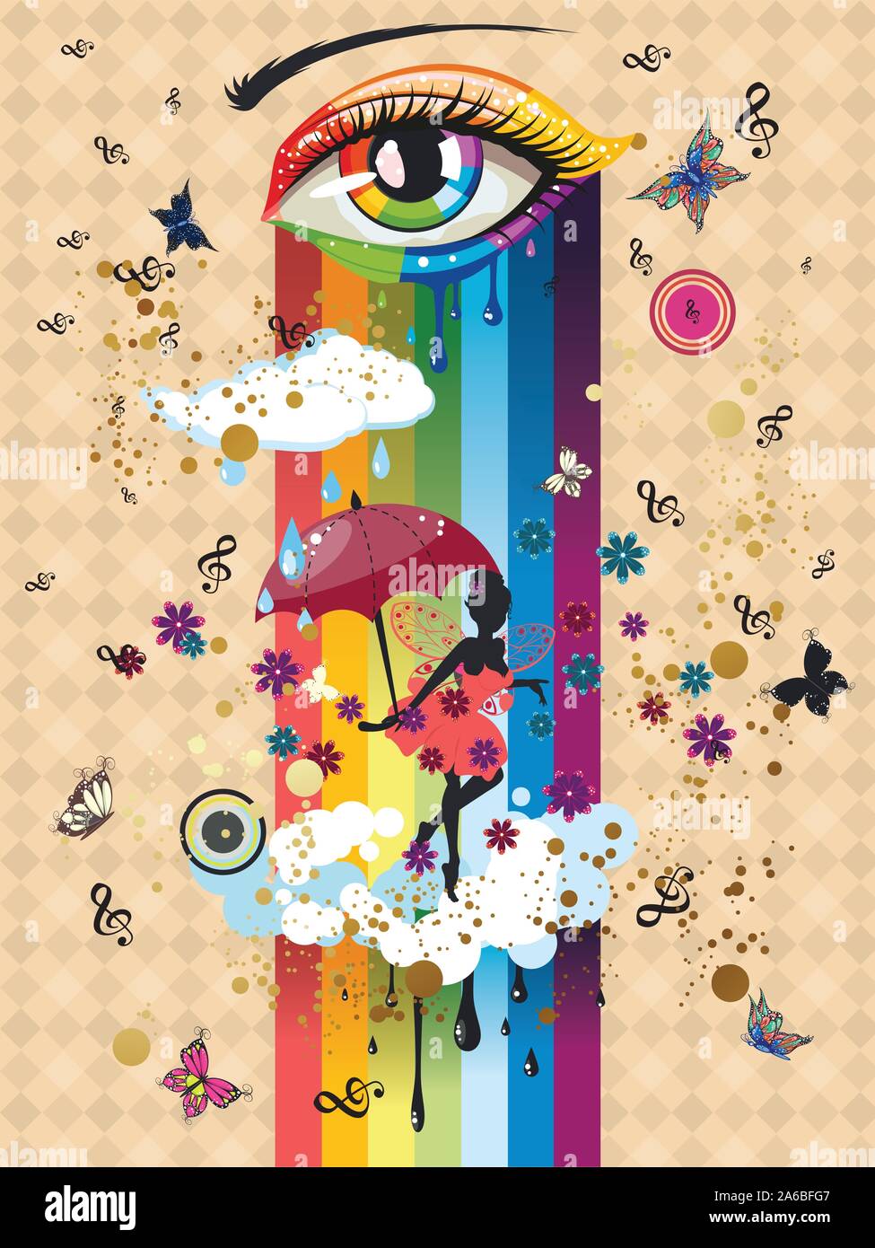 Occhio astratto nei colori dell'arcobaleno e fiabesco silhouette con ombrellone rosso. Illustrazione Vettoriale