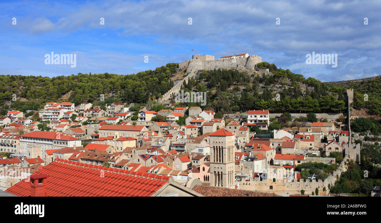 Croazia, Hvar, skyline, panorama, vista generale, fortezza, Foto Stock