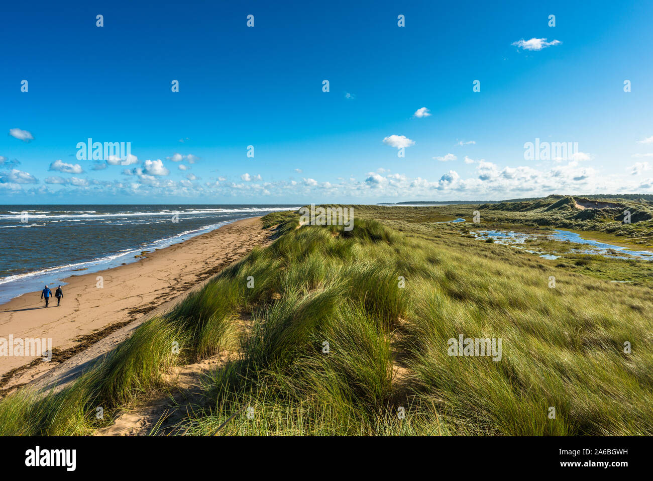 Dune di sabbia dove Norfolk Coast Path National Trail da Burnham Overy Staithe raggiunge il mare a Holkham Bay, East Anglia, Inghilterra, Regno Unito. Foto Stock