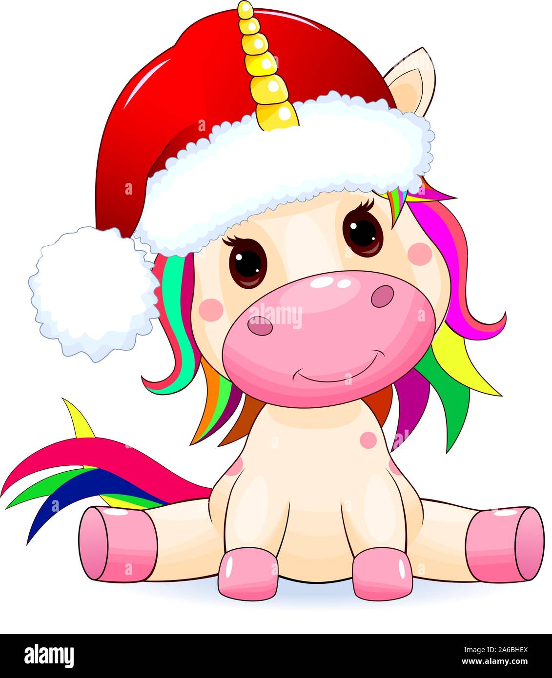 Poco unicorn vestito con un cappello da Babbo Natale, su uno sfondo bianco. Illustrazione Vettoriale