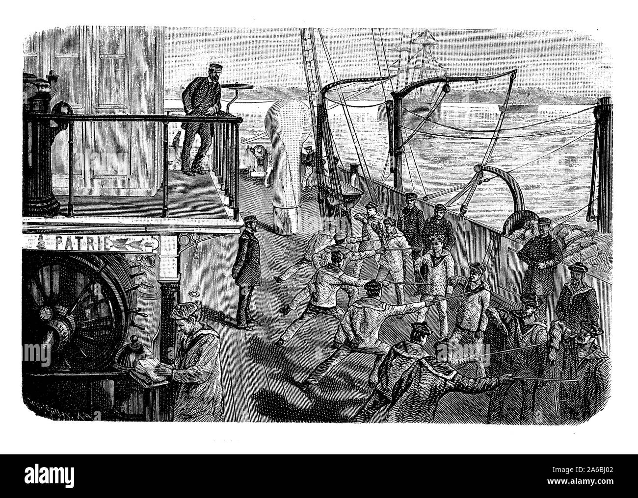 Scherma cadetti di esercitare sul ponte superiore di un uomo francese di guerra nel XIX secolo Foto Stock