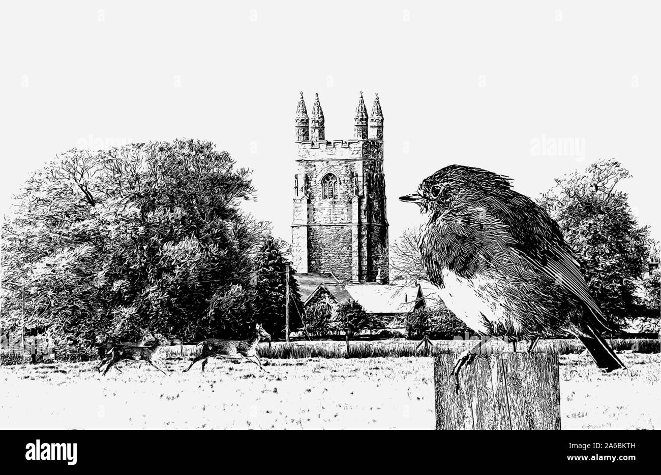 Illustrazione della foto: un composito illustrazione di un robin in stretta fino appollaiato su un post con una chiesa ed esecuzione di cervi a Maker sulla penisola di rame Foto Stock