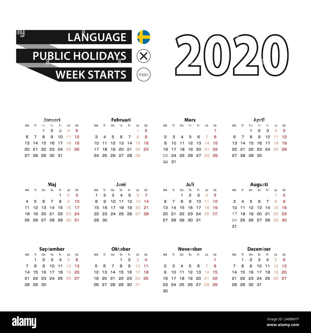 Calendario 2020 in lingua svedese, settimana inizia di lunedì. Calendario di vettore 2020 anno. Illustrazione Vettoriale