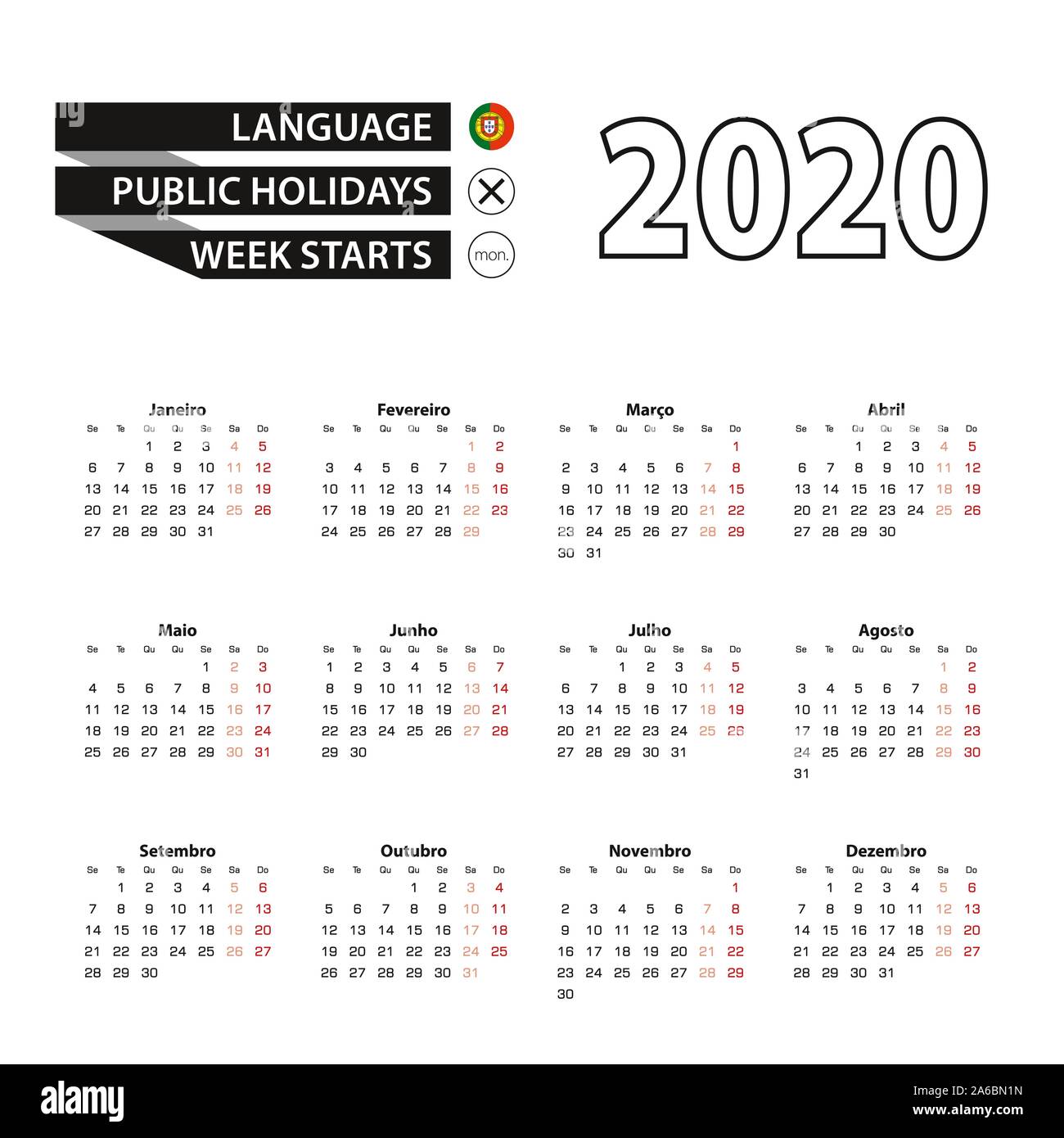 Calendario 2020 in lingua portoghese, settimana inizia di lunedì. Calendario di vettore 2020 anno. Illustrazione Vettoriale