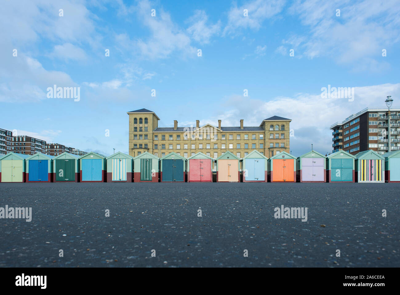 British seaside beach capanne in Brighton & Hove, East Sussex Foto Stock