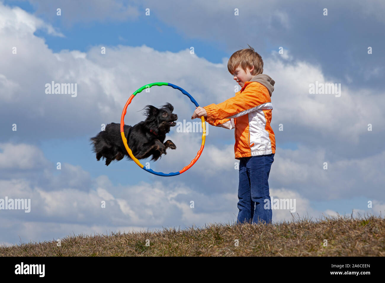 Un giovane ragazzo sta facendo il suo cane saltare attraverso un cerchio. Foto Stock