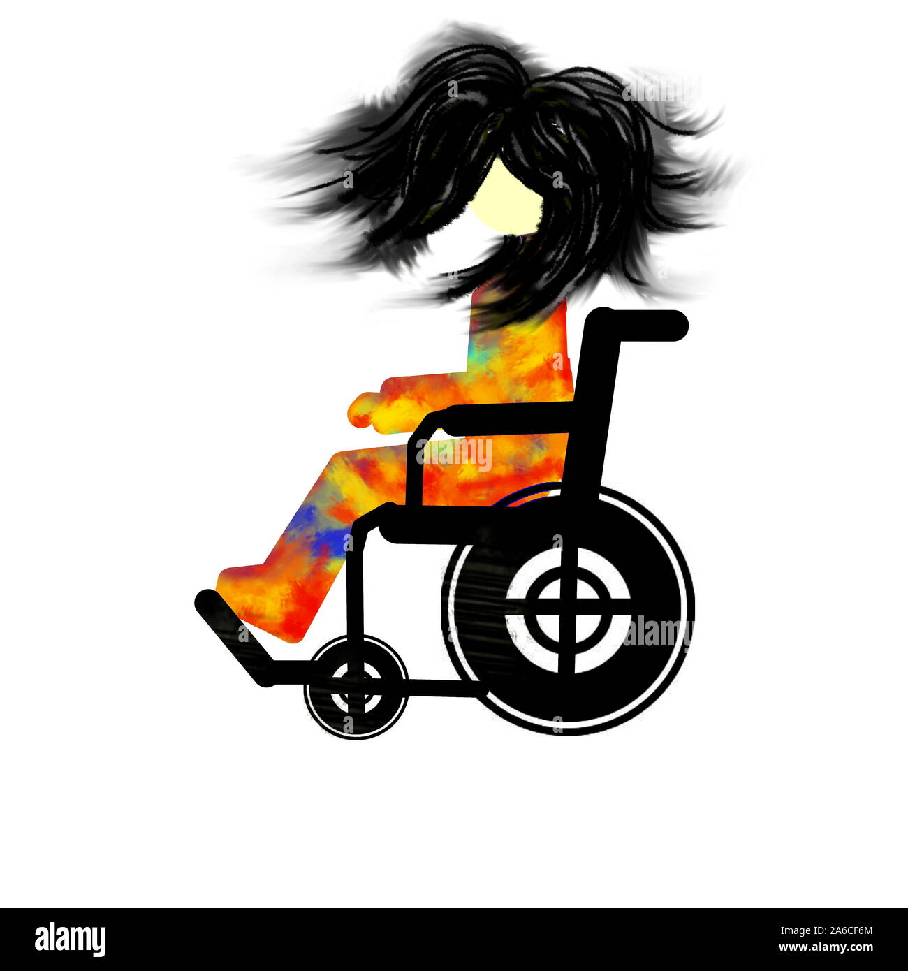 Una ragazza con i capelli di shaggy seduto su una sedia a rotelle Foto Stock
