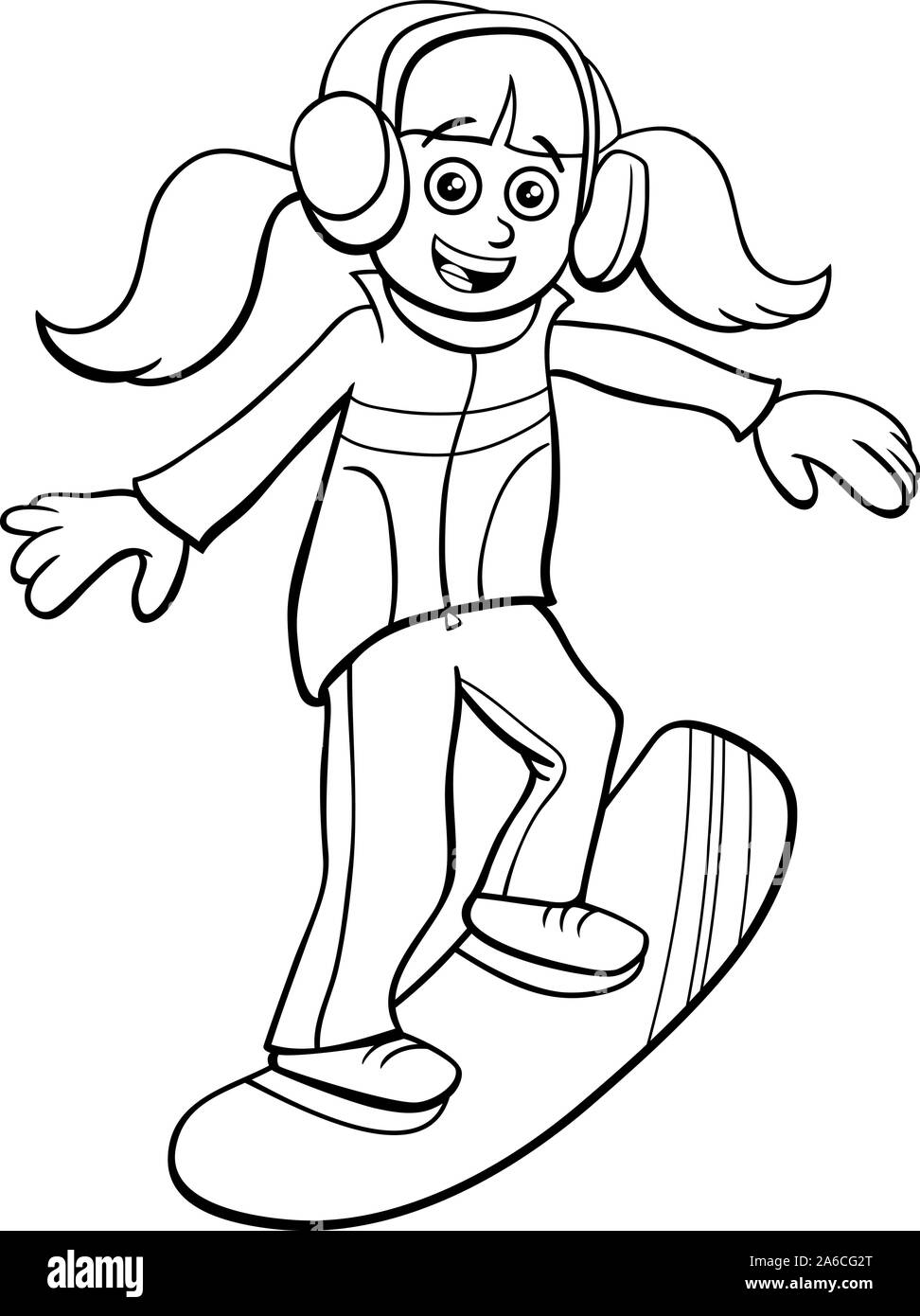 Bianco e Nero Cartoon illustrazioni di snowboard ragazzo o ragazza Teen carattere sul periodo invernale libro da colorare pagina Illustrazione Vettoriale