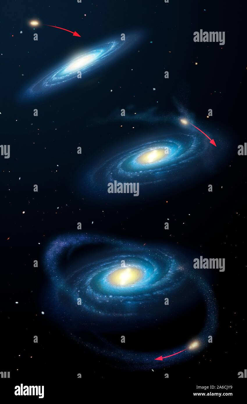 Sequenza che mostra una galassia nana come il Sagittario Dwarf incontrando la Via Lattea e la successiva distruzione e distorsione. Molte galassie nane attualmente in orbita attorno alla Via Lattea sono destinati a questo destino un giorno. Foto Stock