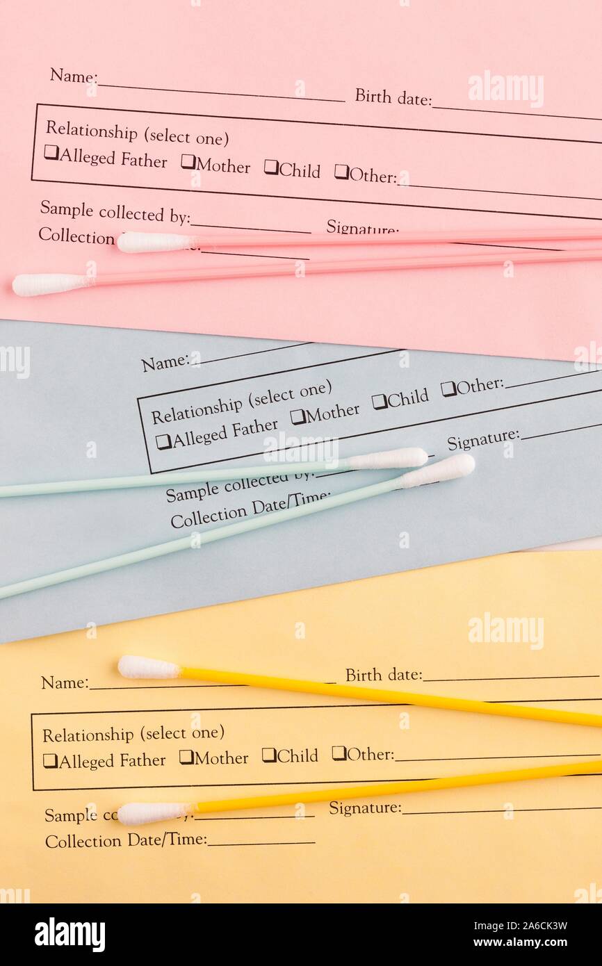 Il DNA test di paternità. I test genetici utilizzando una home kit di prova con tamponi di cotone sterili. Il tampone viene usato per raccogliere un campione di cellule dal rivestimento della bocca. DNA (acido desossiribonucleico) è estratto dalle cellule e analizzati per determinare la sequenza genetica. I test genetici possono essere utilizzati per determinare la paternità, per identificare i criminali o per determinare se qualcuno è predisposto per una malattia. Foto Stock