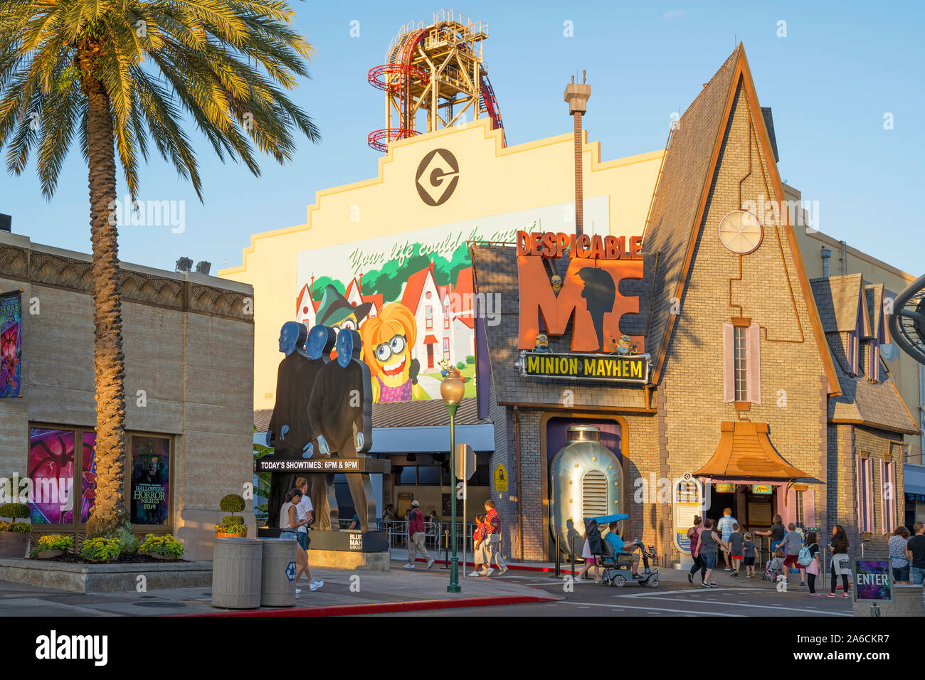 Spregevole ME, Minion Mayhem Ride, ingresso agli Universal Studios, Orlando, Florida, Stati Uniti d'America Foto Stock