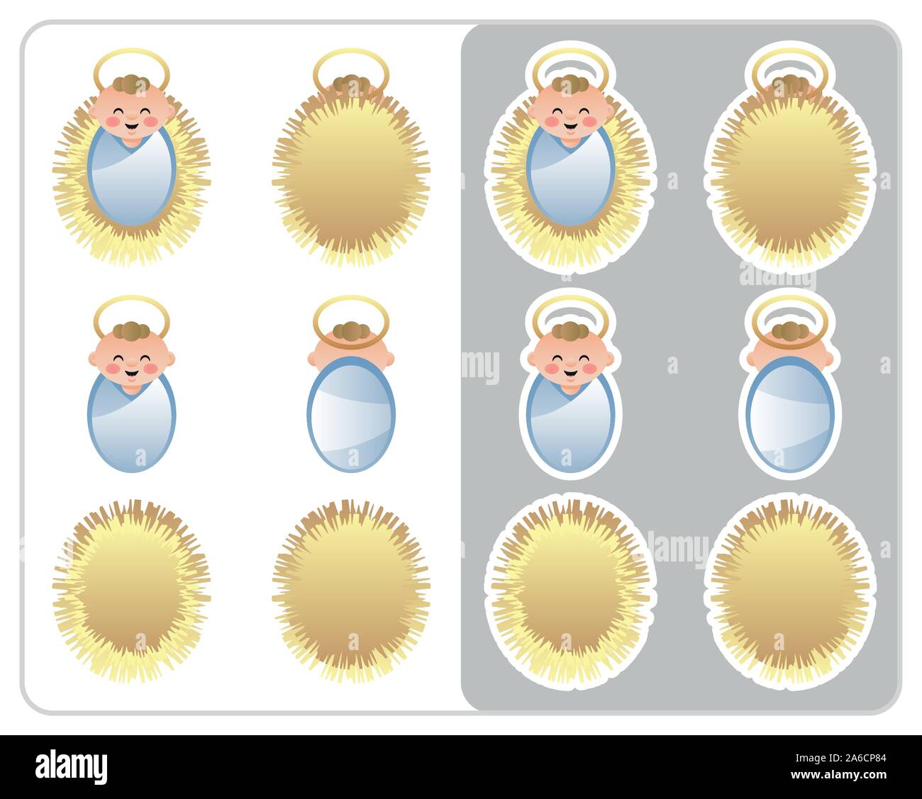 Due lati icona della Natività e adesivo del Bambino Gesù e del presepe. Cartoon carino carattere. Illustrazione Vettoriale senza la trasparenza. Illustrazione Vettoriale